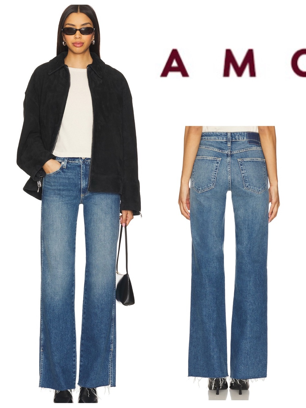 AMO Blue Mid-Rise Wide-Leg Jeans with Raw Hem